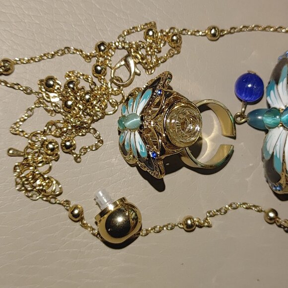 Perfume Butterfly Statement Jewelry Set Necklace Earring Ring Enamel Detailing - Picture 7 of 11